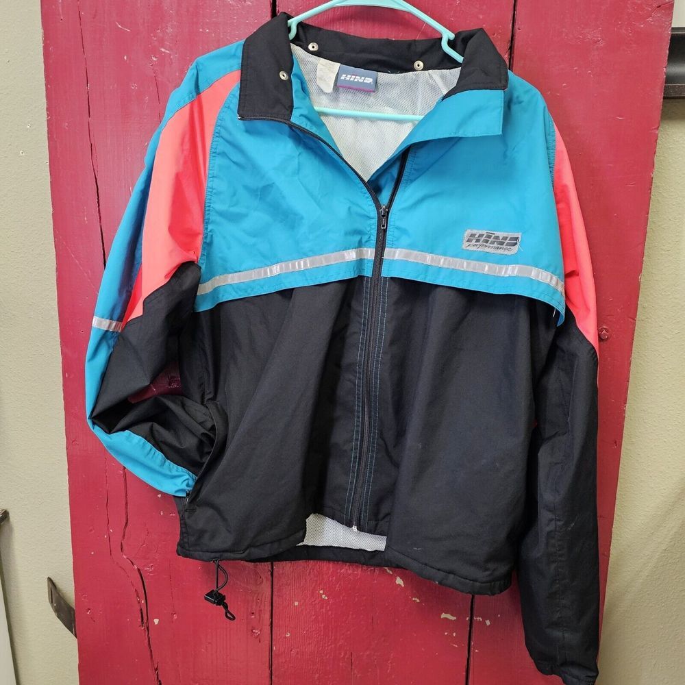 HIND Colorblock Windbreaker Jacket Teal Coral‎ Black Reflective Zip Up Women LG
